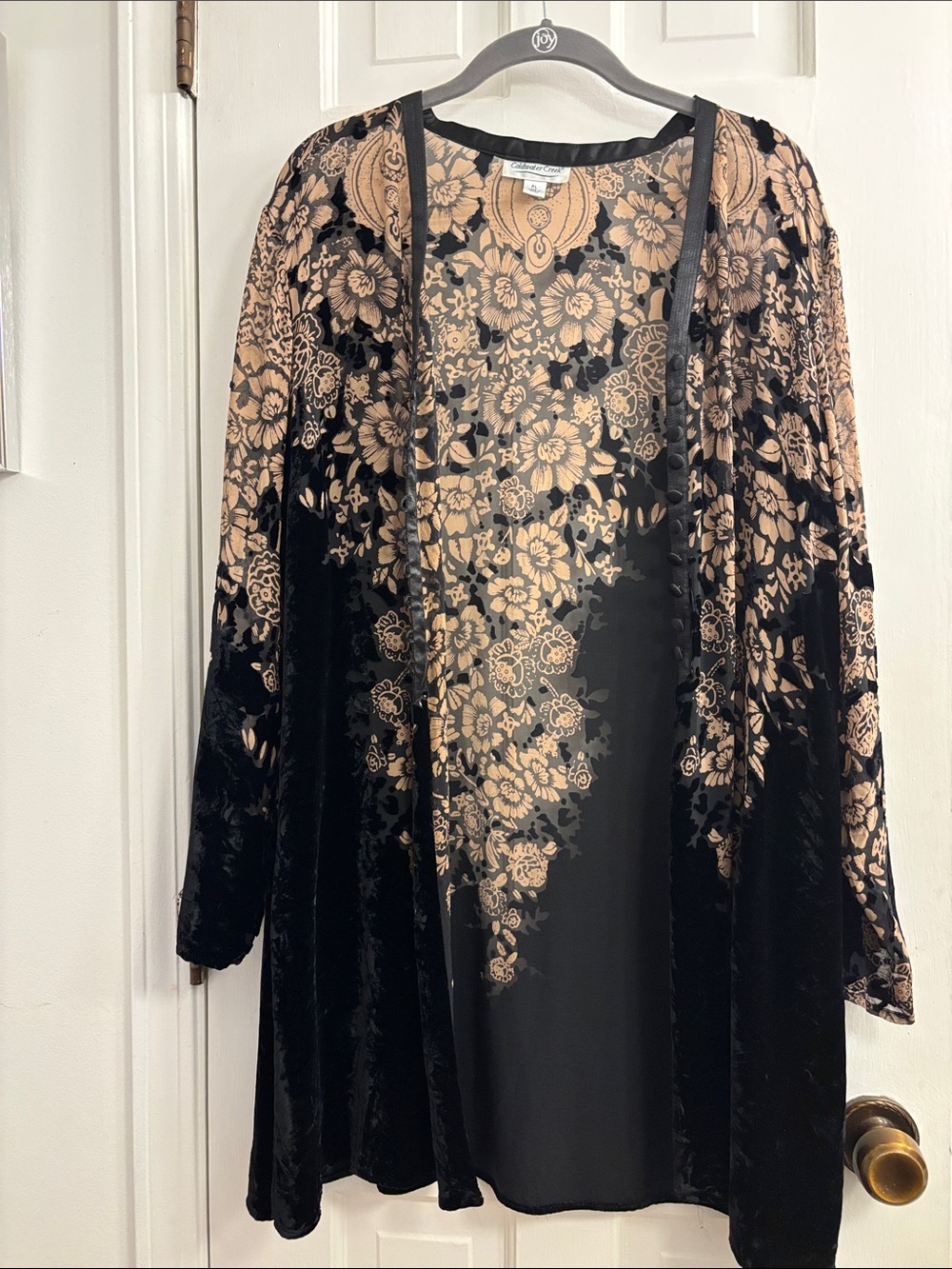 Coldwater Creek Black and Tan Floral Velvet Flocked Kimono